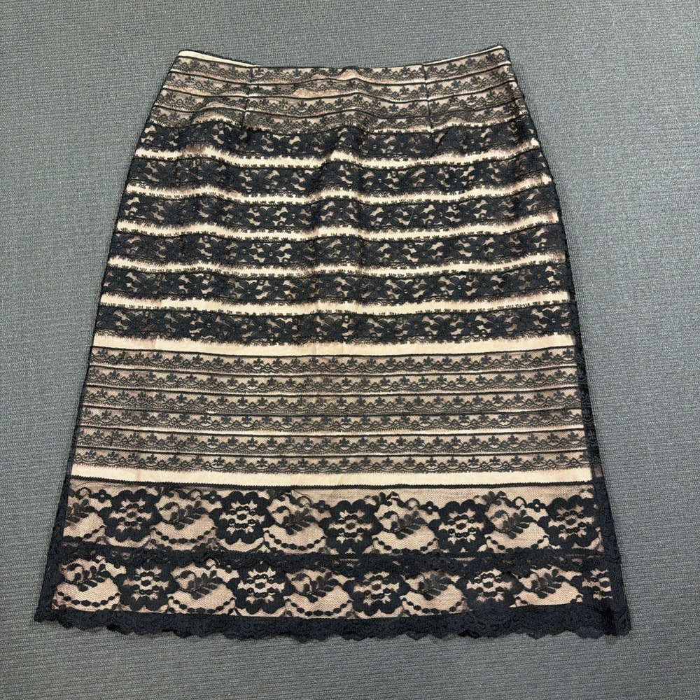 Vintage Shani Size 8 Black Formal Lace Overlay Tan And Black Pencil Skirt